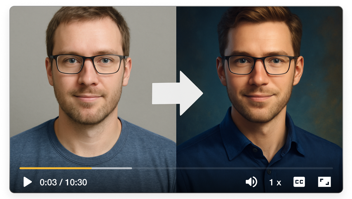 Photo to AI Avatar video example in Visla showing a face photo turning into a speaking avatar